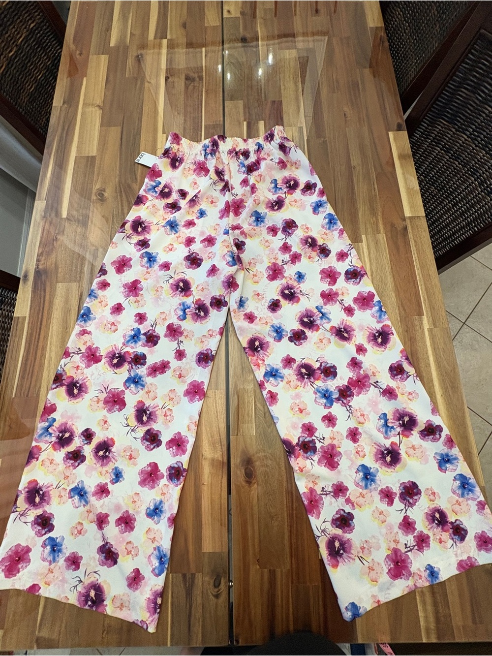 Sz S Printed Floral High Rise Wide-Leg Pull-On Pants w Pockets, White Pink Blue - Picture 15 of 16